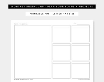 Maandelijkse planning Braindump Afdrukbare | Maandelijks overzicht | Afdrukbare Planner-inzetstukken | A4, Amerikaanse brief | Instant download | Minimalistische Planner