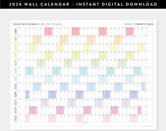 PRINTABLE 2024 Wall Calendar | Digital PDF Instant Download | 2024 Wall Planner | Monthly Planner | 2024 Year Planner (Horizontal / Rainbow)