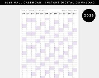 PRINTABLE 2025 Wall Calendar | Digital PDF Instant Download | 2025 Wall Planner | Monthly Planner | 2025 Year Planner (Vertical / Purple)