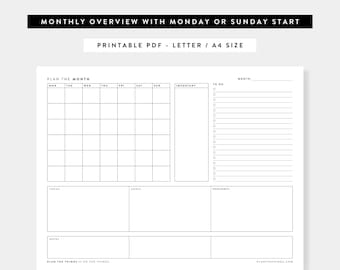 Month at a Glance Printable | Monthly Dashboard | Monthly Overview | Printable Planner Inserts | A4, US Letter | Instant Download | Minimal