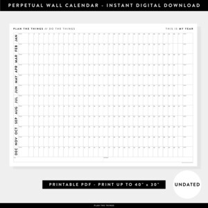 PRINTABLE Perpetual / Forever Wall Calendar Digital PDF Instant Download Undated Wall Calendar Annual Planner Horizontal / B W image 1