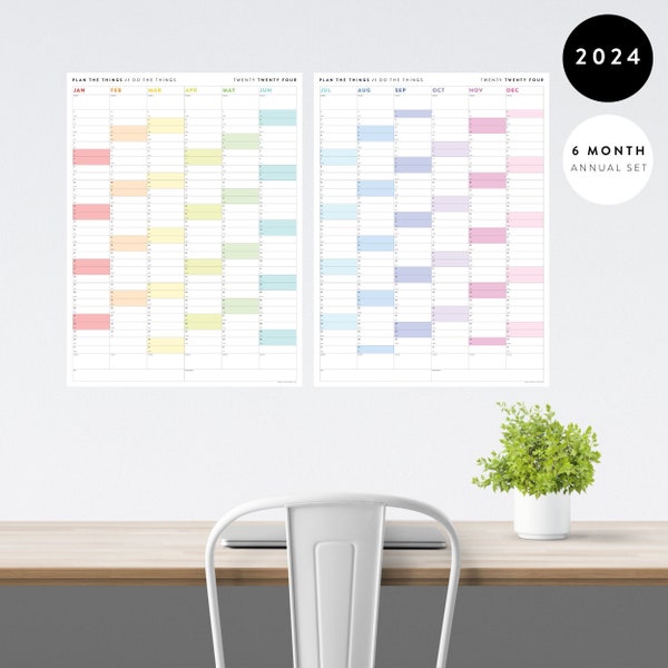 ¡MANOJO! Calendario de pared gigante de seis meses SET 2024 / Conjunto de planificador de medio año / Conjunto de planificador de pared de 6 meses / Planificación anual / Plan mensual (arco iris)