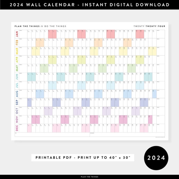 PRINTABLE 2024 Wall Calendar | Digital PDF Instant Download | 2024 Wall Planner | Monthly Planner | 2024 Year Planner (Horizontal / Rainbow)