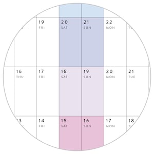 May include: A circular crop of a wall calendar grid featuring black text on a white background. The grid displays dates and days of the week, with specific columns for Saturday and Sunday highlighted in light blue, light purple, and light pink.