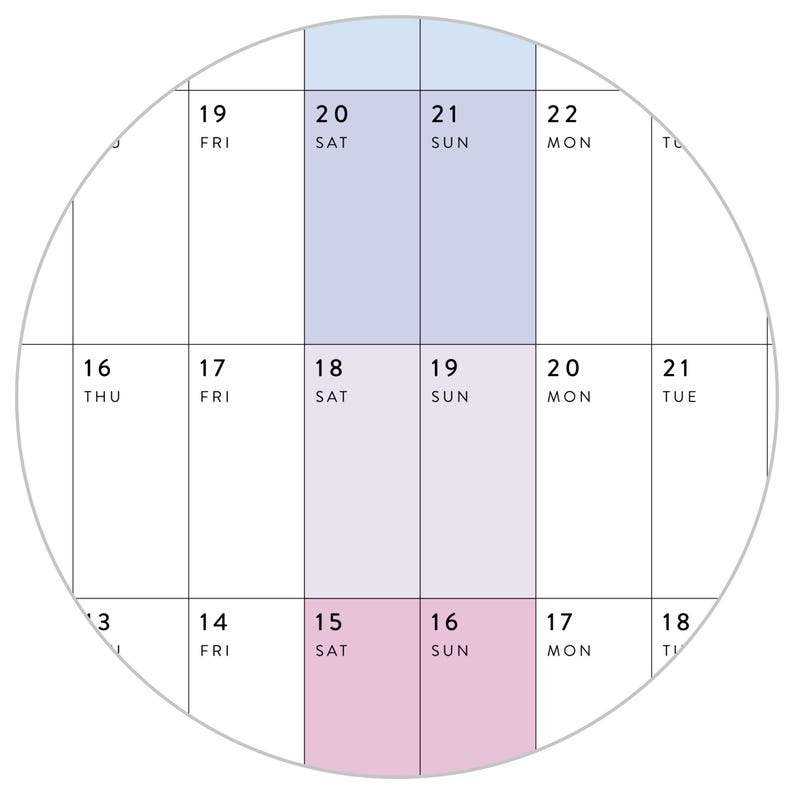 May include: A circular crop of a wall calendar grid featuring black text on a white background. The grid displays dates and days of the week, with specific columns for Saturday and Sunday highlighted in light blue, light purple, and light pink.