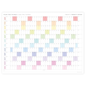 May include: A 2027 wall calendar with a grid layout, displaying months in vertical columns of pastel colours. The text "PLAN THE THINGS // DO THE THINGS" and "TWENTY TWENTY SEVEN" are printed at the top.