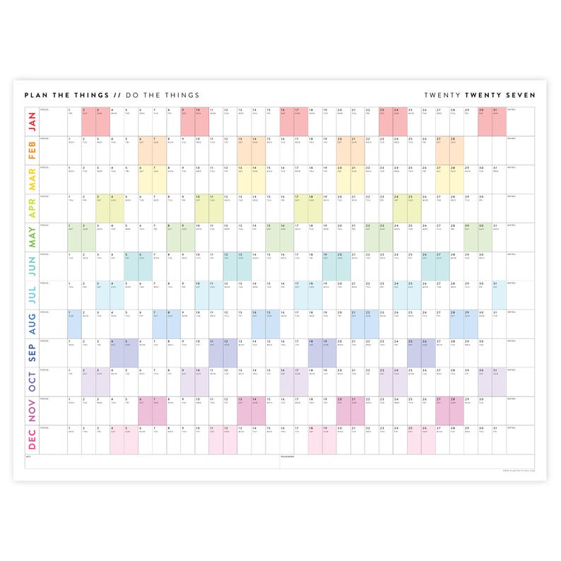 May include: A 2027 wall calendar with a grid layout, displaying months in vertical columns of pastel colours. The text "PLAN THE THINGS // DO THE THINGS" and "TWENTY TWENTY SEVEN" are printed at the top.