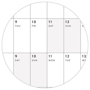 K&ouml;nnte beinhalten: Ein kreisf&ouml;rmiger Kalender mit den Wochentagen beschriftet: Donnerstag, Freitag, Samstag, Sonntag, Montag, Dienstag, Mittwoch. Die Zahlen 9, 10, 11, 12 und 13 werden angezeigt.