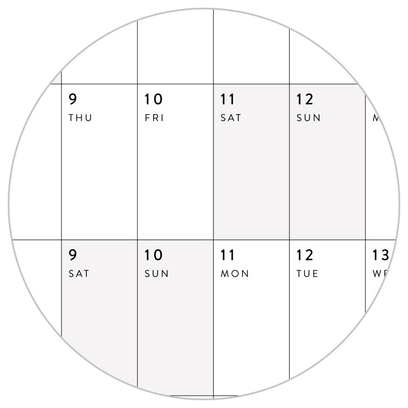 K&ouml;nnte beinhalten: Ein kreisf&ouml;rmiger Kalender mit den Wochentagen beschriftet: Donnerstag, Freitag, Samstag, Sonntag, Montag, Dienstag, Mittwoch. Die Zahlen 9, 10, 11, 12 und 13 werden angezeigt.