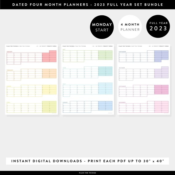 PRINTABLE 2023 Four Month Wall Calendar Full Year BUNDLE - Etsy