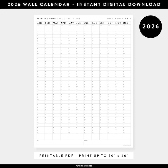 PRINTABLE 2026 Wall Calendar | Digital PDF Instant Download | 2026