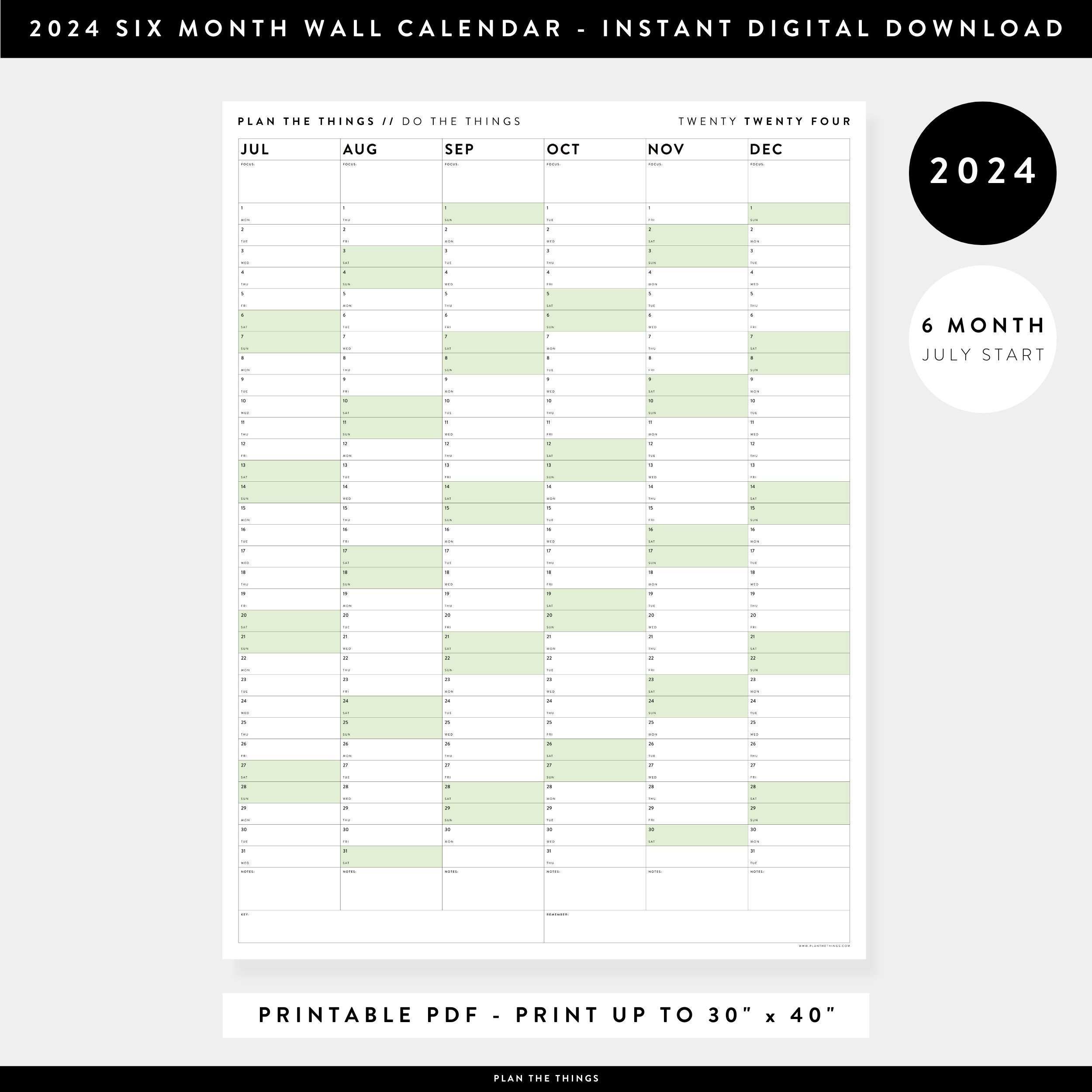 Printable six month 2024 giant wall calendar july december pdf instant  download half year calendar half year planner green - etsy
