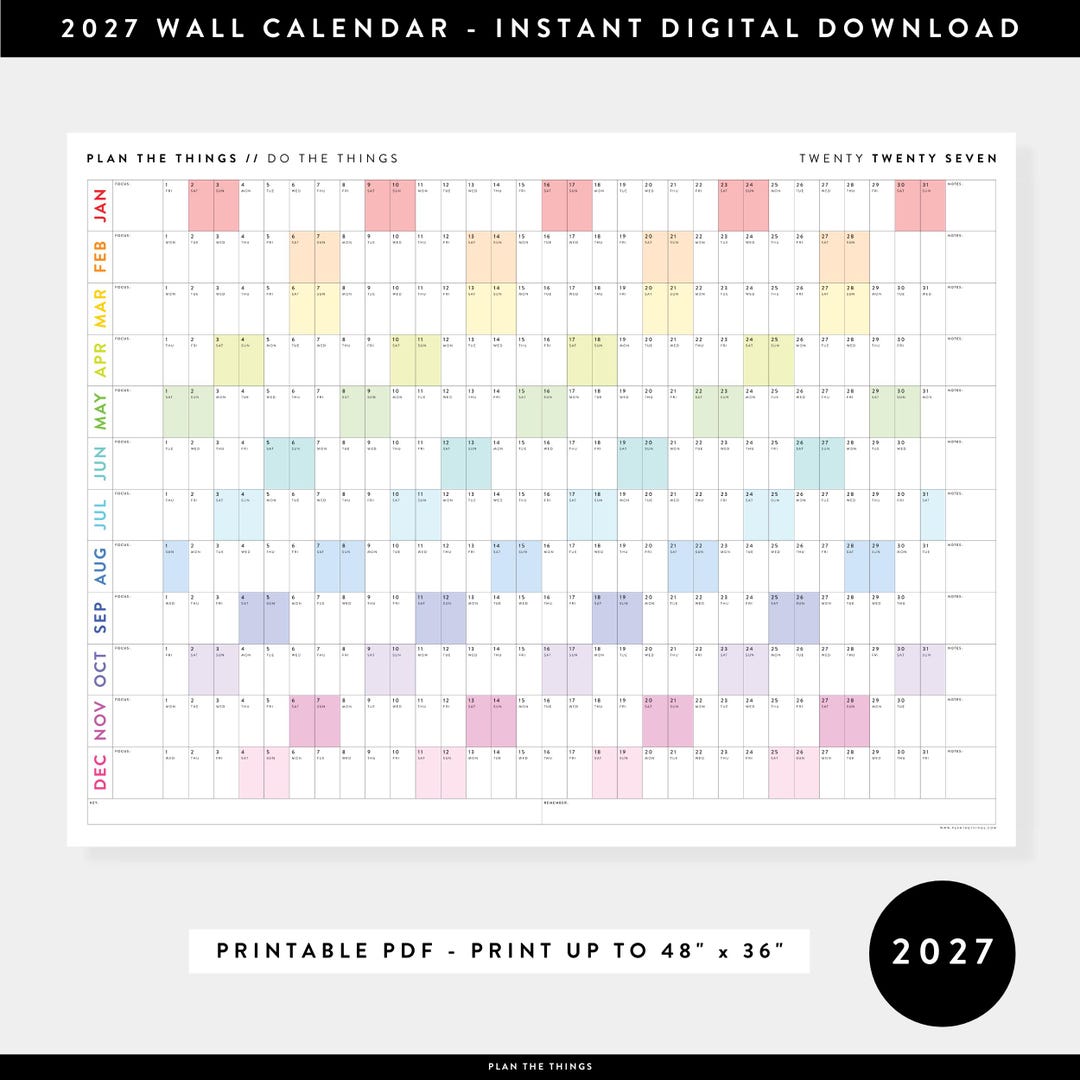PRINTABLE 2027 Horizontal Wall Calendar | Digital PDF Instant Download ...