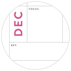 K&ouml;nnte beinhalten: Ein wei&szlig;er runder Planer mit einem schwarzen Raster und dem Wort "DEC" in rosa Schrift. Der Planer hat Abschnitte mit den Bezeichnungen "FOCUS" und "KEY".