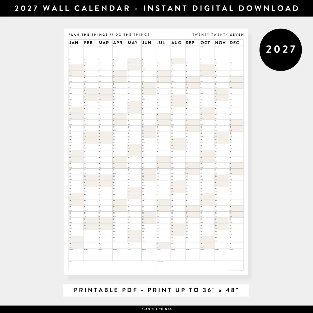 PRINTABLE 2027 Wall Calendar | Digital PDF Instant Download | 2026 Year