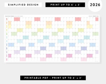 Puede incluir: Un calendario de pared masivo de 2026 con un diseño simplificado. El calendario es un PDF imprimible y se puede imprimir hasta 183 cm x 91 cm. La cuadrícula del calendario presenta un esquema de color arcoíris. El texto "PLAN THE THINGS" está en la parte inferior.