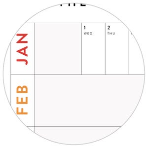 May include: A wall calendar page featuring a grid layout with white paper and black lines. The month JAN is printed in red, and FEB is printed in orange. The days 1 WED and 2 THU are visible in the top right section of the grid.