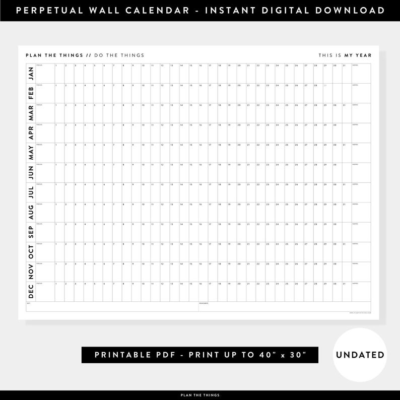 PRINTABLE Perpetual / Forever Wall Calendar Digital PDF Instant Download Undated Wall Calendar Annual Planner Horizontal / B W image 1