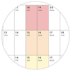May include: A circular calendar grid featuring black text on a white background. The grid displays dates and days of the week. Specific columns for Saturday and Sunday are highlighted in three distinct shades: dusty rose, peach, and pale yellow.