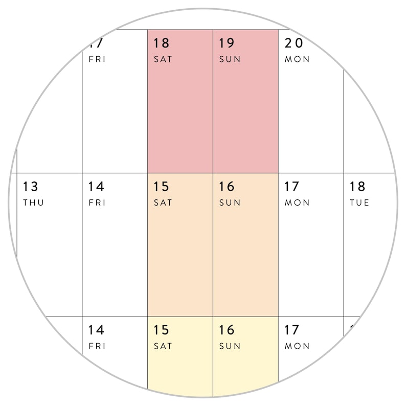 May include: A circular calendar grid featuring black text on a white background. The grid displays dates and days of the week. Specific columns for Saturday and Sunday are highlighted in three distinct shades: dusty rose, peach, and pale yellow.