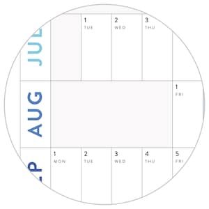 May include: A circular crop of a wall calendar featuring a white grid with black lines. The months July, August, and September are printed vertically in blue on the left. The grid displays dates and days of the week including 1 TUE, 2 WED, 3 THU, 1 FRI, 1 MON, 2 TUE, 3 WED, 4 THU, and 5 FRI.
