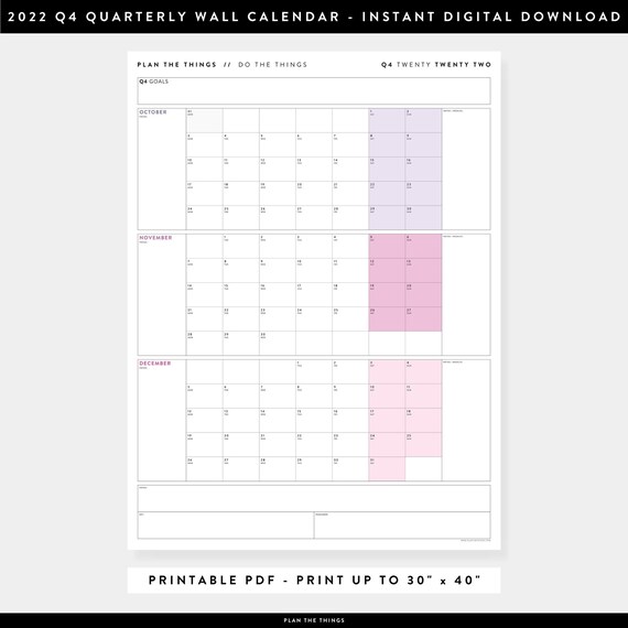 printable q4 2022 quarterly wall calendar digital pdf etsy