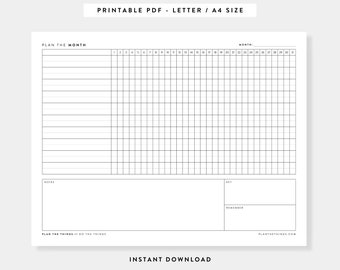 May include: A printable monthly habit tracker or project timeline in black and white. The printable sheet has a grid for tracking habits or projects for each day of the month. The sheet also includes sections for notes, a key, and reminders.