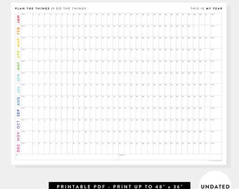 PRINTABLE Undated Annual Perpetual / Forever Wall Calendar | Digital PDF Instant Download | Print up to 48" x 36" (Horizontal / Rainbow)