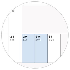 May include: A circular calendar grid section featuring the dates 28, 29, 30, and 31. The days are labelled FRI, SAT, SUN, and MON. The columns for Saturday the 29th and Sunday the 30th are highlighted with a light blue background colour.