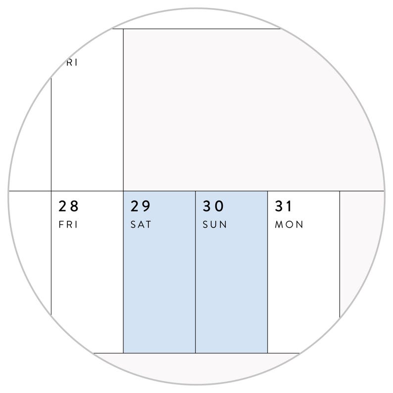 May include: A circular calendar grid section featuring the dates 28, 29, 30, and 31. The days are labelled FRI, SAT, SUN, and MON. The columns for Saturday the 29th and Sunday the 30th are highlighted with a light blue background colour.