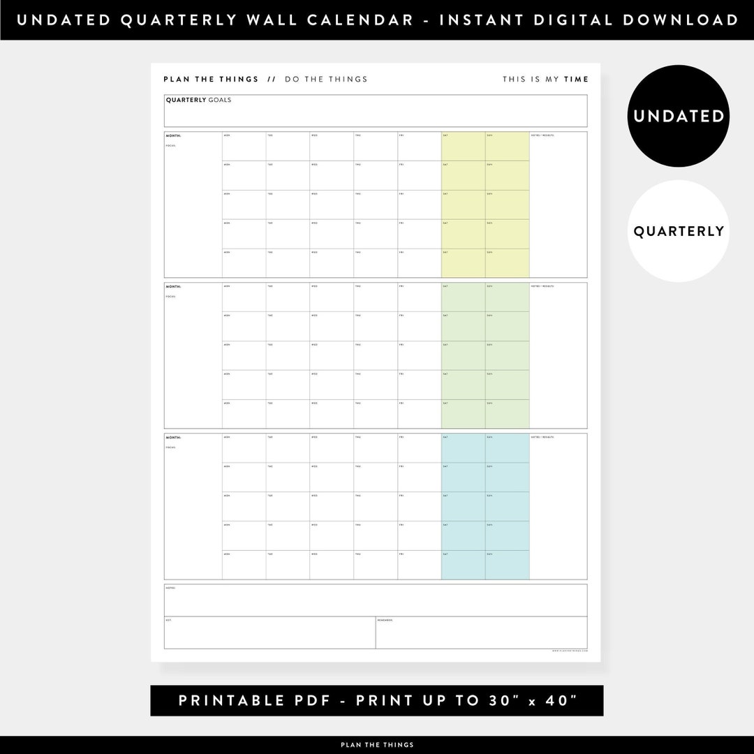 PRINTABLE Undated Quarterly Wall Calendar Monday Start Digital PDF