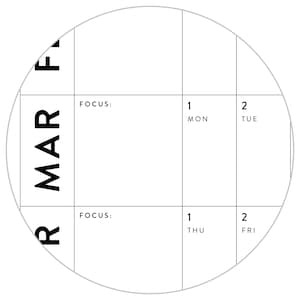 K&ouml;nnte beinhalten: Ein wei&szlig;er runder Kalender mit dem Monat M&auml;rz, der vertikal auf der linken Seite geschrieben ist. Der Kalender ist in vier Abschnitte unterteilt, wobei die Wochentage oben in jedem Abschnitt beschriftet sind. Die Wochentage sind Montag, Dienstag, Donnerstag und Freitag. Die Zahlen 1 und 2 sind in jedem Abschnitt geschrieben und stehen f&uuml;r den ersten und zweiten des Monats.