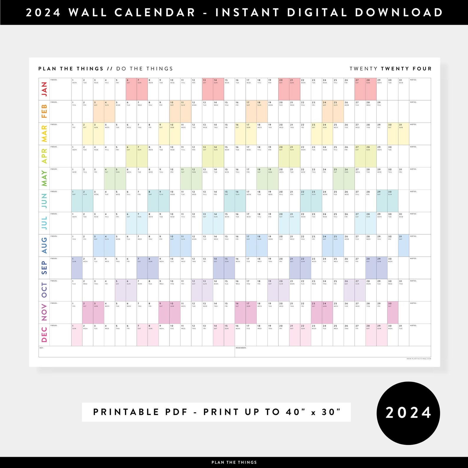 PRINTABLE 2024 Wall Calendar Digital PDF Instant Download - Etsy Australia