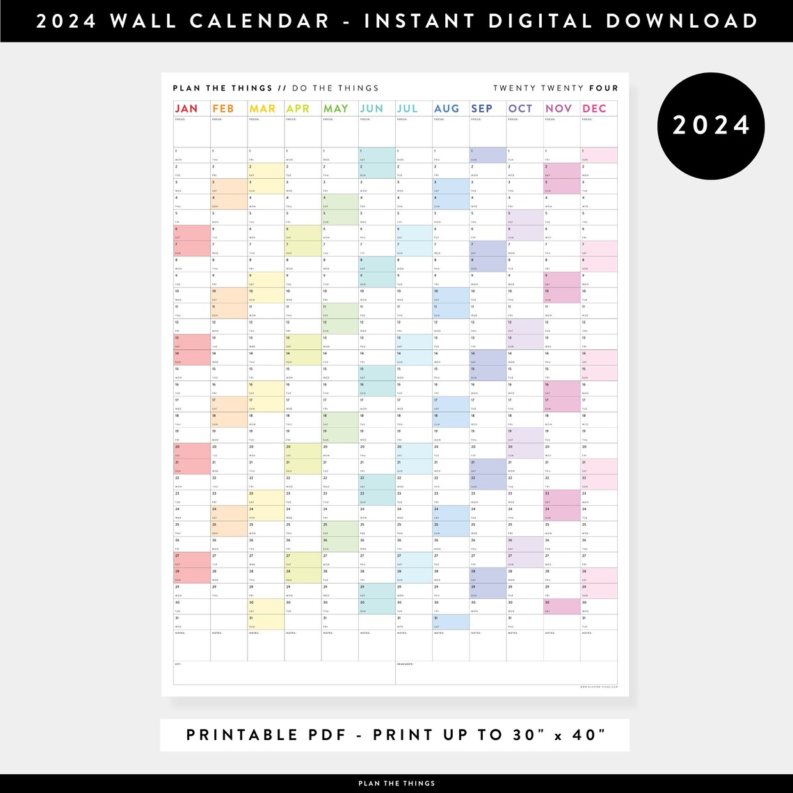 PRINTABLE 2024 Wall Calendar Digital PDF Instant Download | Etsy