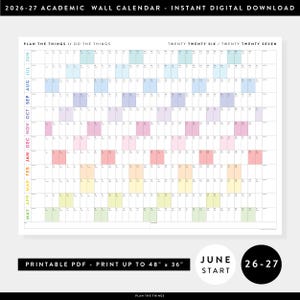 Può includere: Un calendario da parete accademico 2026-27 in download digitale con una griglia mensile da giugno a maggio. Il design include blocchi colorati per i giorni, il testo PLAN THE THINGS // DO THE THINGS e TWENTY TWENTY SIX / TWENTY TWENTY SEVEN.