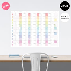 NOVO LAYOUT! Calendário de parede gigante 2025 com fins de semana alinhados | Agenda anual 2025 | Agenda anual minimalista 2025 (horizontal/arco-íris)