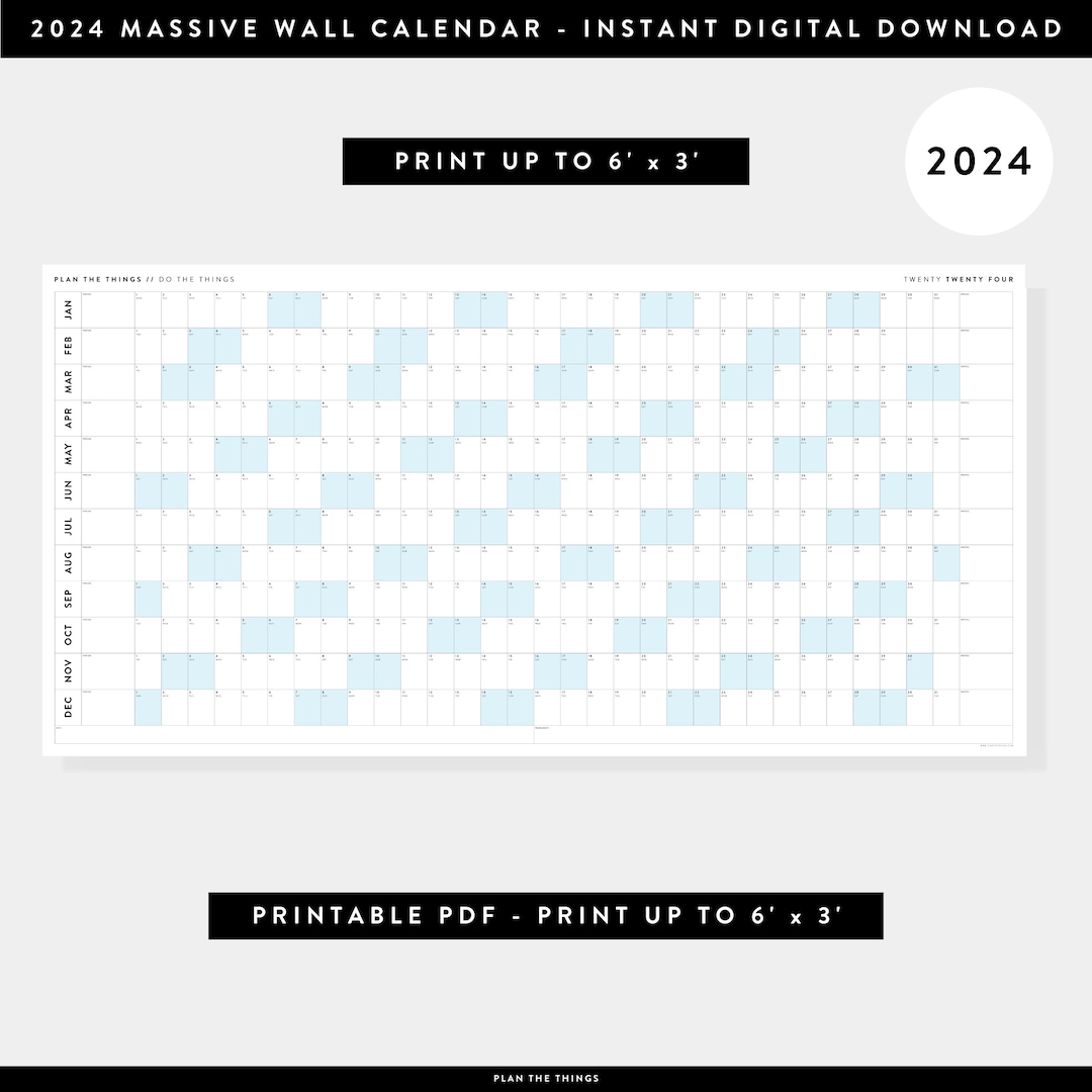 PRINTABLE 6' X 3' Massive 2024 Annual Wall Calendar Digital PDF Instant ...