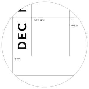 K&ouml;nnte beinhalten: Ein schwarz-wei&szlig;er druckbarer Dezember-Kalender mit dem Text "DEC" und "FOCUS:" und "KEY:" und "1 MI".