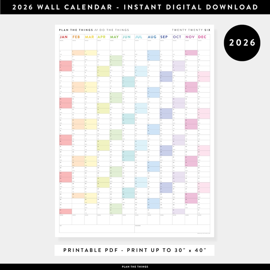 PRINTABLE 2026 Wall Calendar | Digital PDF Instant Download | 2026 Wall