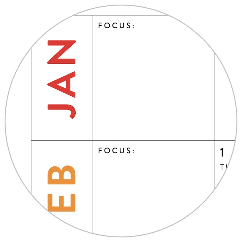 K&ouml;nnte beinhalten: Ein wei&szlig;er runder Kalender mit einem grauen Rand. Der Monat Januar ist rot hervorgehoben und der Monat Februar orange. Das Wort "FOCUS" steht zweimal auf dem Kalender.