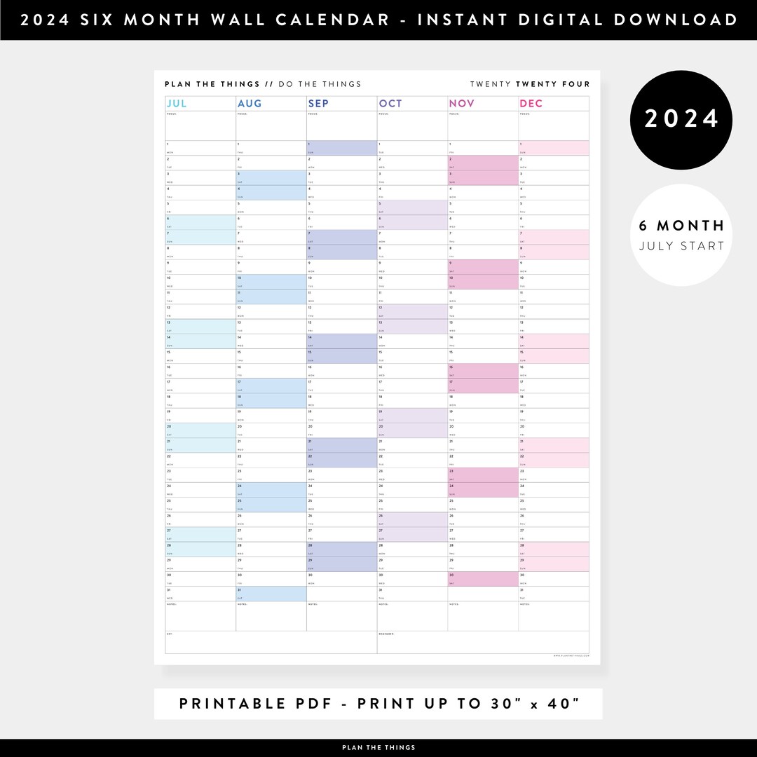 PRINTABLE Six Month 2024 Giant Wall Calendar July December PDF Instant ...
