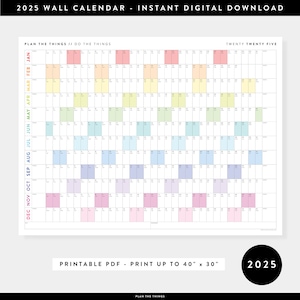 PRINTABLE 2025 Wall Calendar | Digital PDF Instant Download | 2025 Wall Planner | Monthly Planner | 2025 Year Planner (Horizontal / Rainbow)