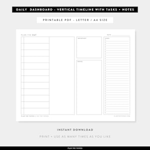 Peut inclure: Planificateur quotidien imprimable avec une chronologie verticale, des sections pour les tâches importantes et les notes. Le planificateur est conçu pour du papier de format lettre ou A4.