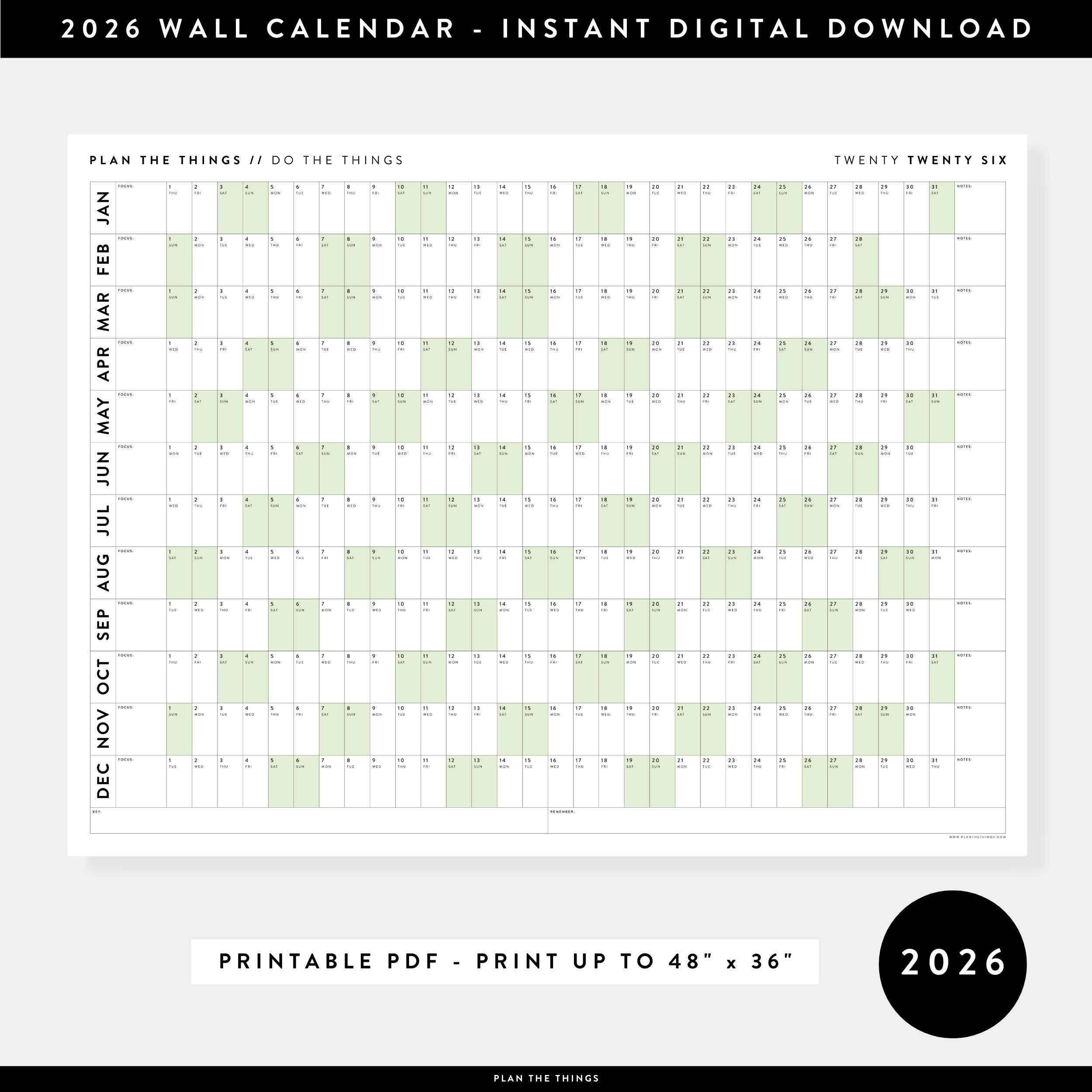 PRINTABLE 2026 Wall Calendar | Digital PDF Instant Download | 2026