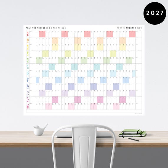 Giant 2027 Wall Calendar | 2027 Horizontal Linear Year Annual Visual Planner With Rainbow Weekends