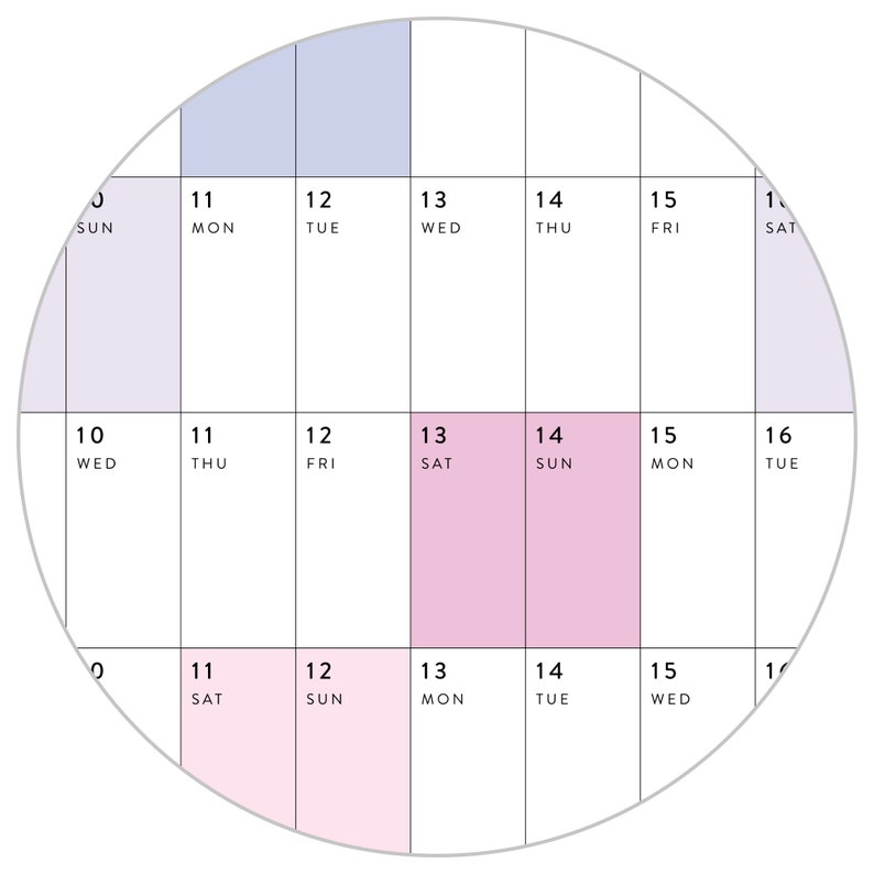 K&ouml;nnte beinhalten: Ein kreisf&ouml;rmiger Kalender mit einem hellvioletten Hintergrund f&uuml;r die erste Woche des Monats und einem hellrosa Hintergrund f&uuml;r die zweite Woche des Monats. Der Kalender zeigt die Wochentage, beginnend mit Sonntag und endend mit Samstag. Die Zahlen 10, 11, 12, 13, 14, 15 und 16 sind sichtbar.
