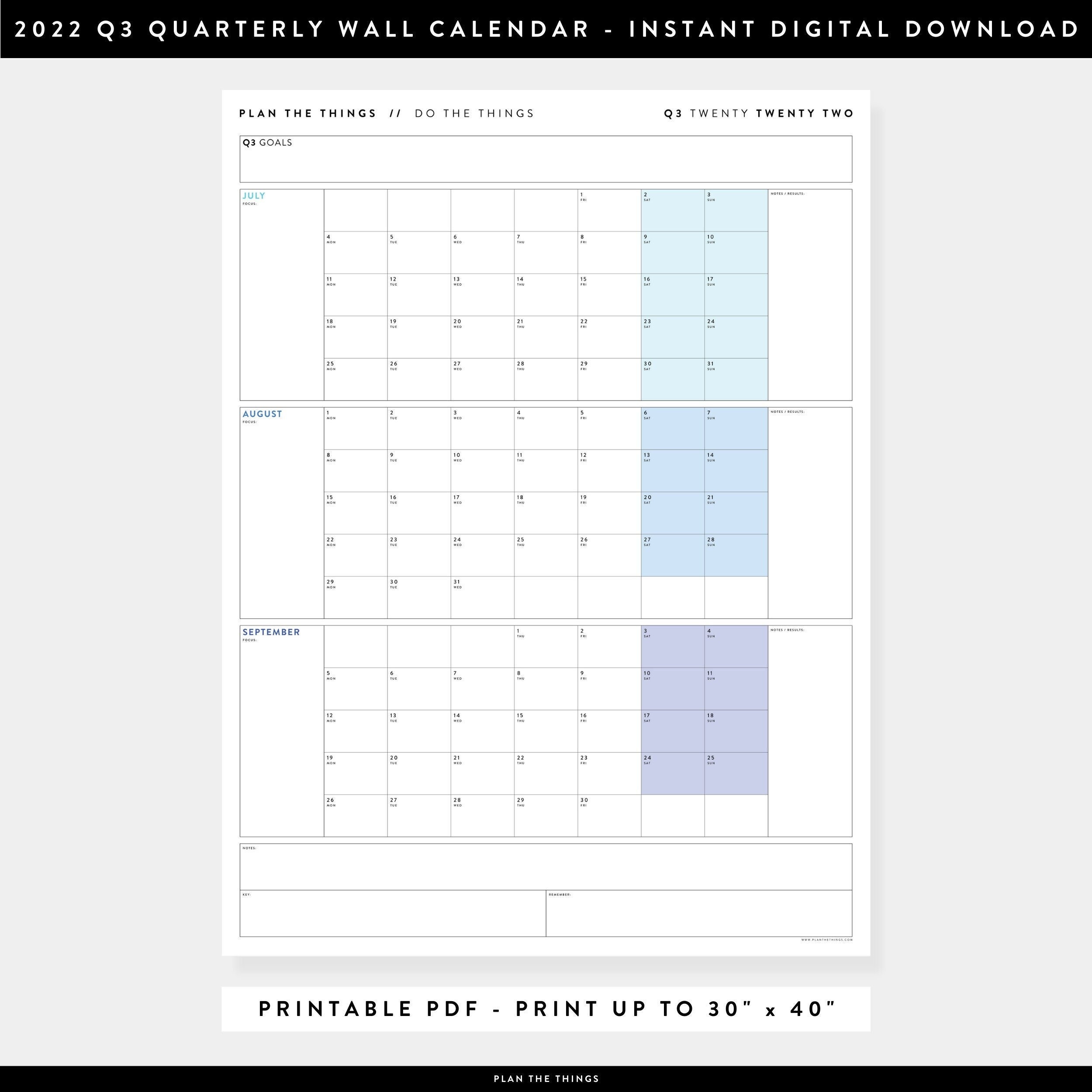 printable q3 2022 quarterly wall calendar digital pdf etsy