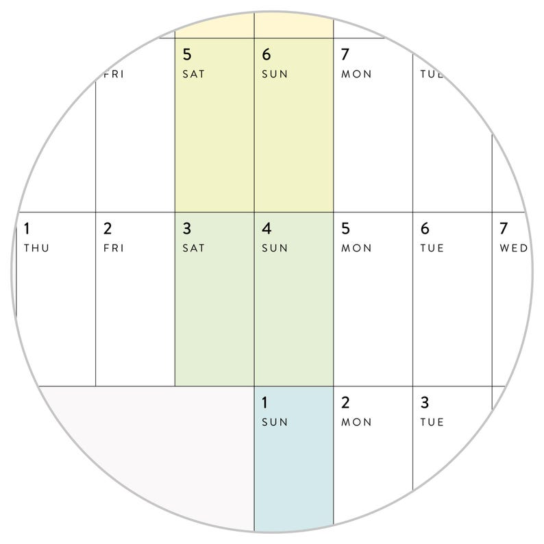 May include: A circular calendar grid featuring black text on a white background. The grid displays days of the week and numerical dates. Specific columns are highlighted in pale yellow, light green, and light blue, organising the monthly schedule.