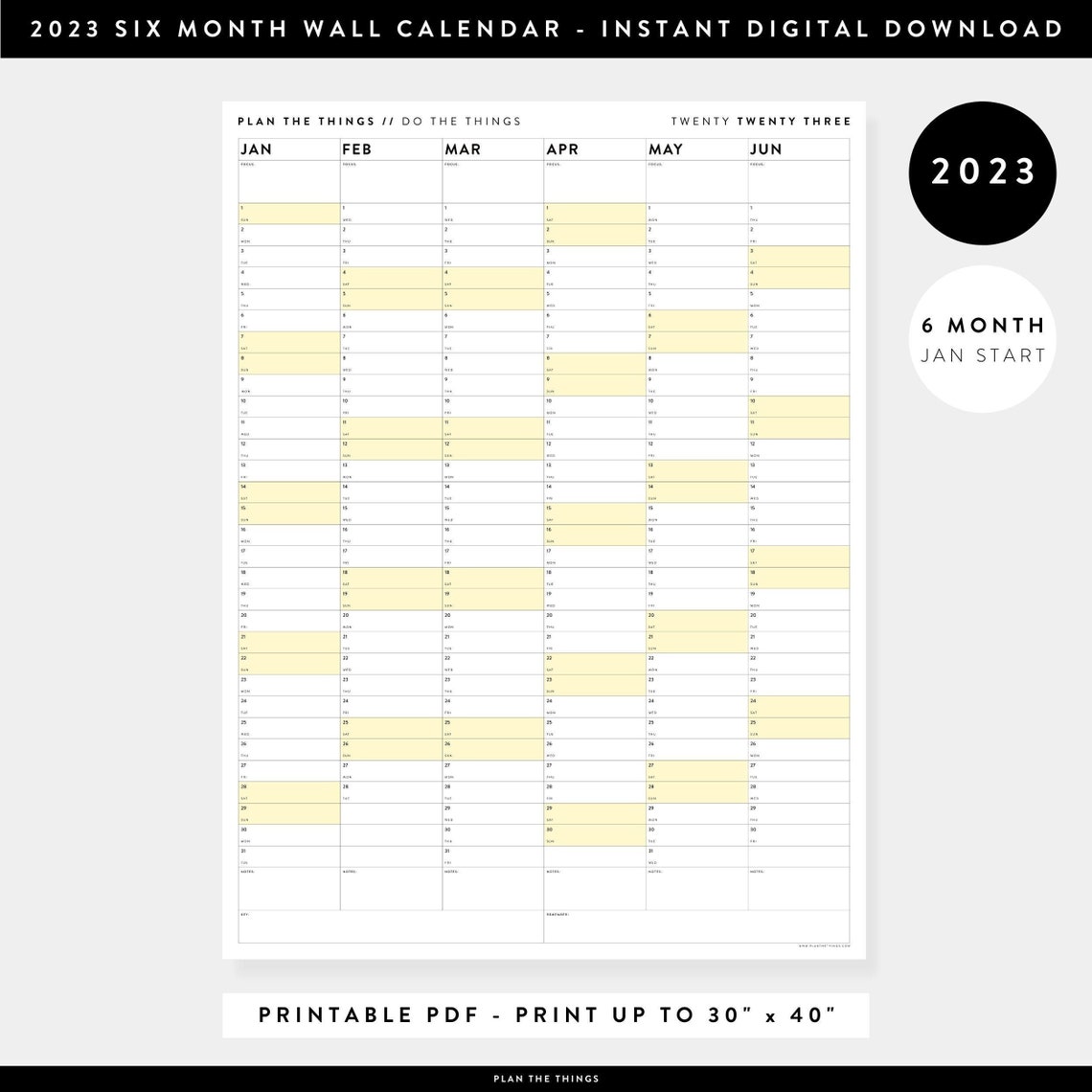 PRINTABLE Six Month 2023 Giant Wall Calendar January June Etsy Canada