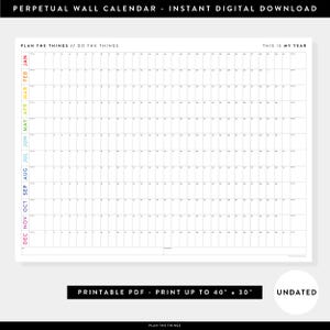 PRINTABLE Perpetual / Forever Wall Calendar | Digital PDF Instant Download | Undated Wall Calendar | Annual Planner (Horizontal / Rainbow)